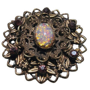 50s Mid Century Vintage  Pink Opalescent Connfetti Aurora Borealis Gold Brooch